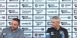 Mazzuco e Tiago Nunes na apresentação do novo técnico (Foto: reprodução Botafogo TV)